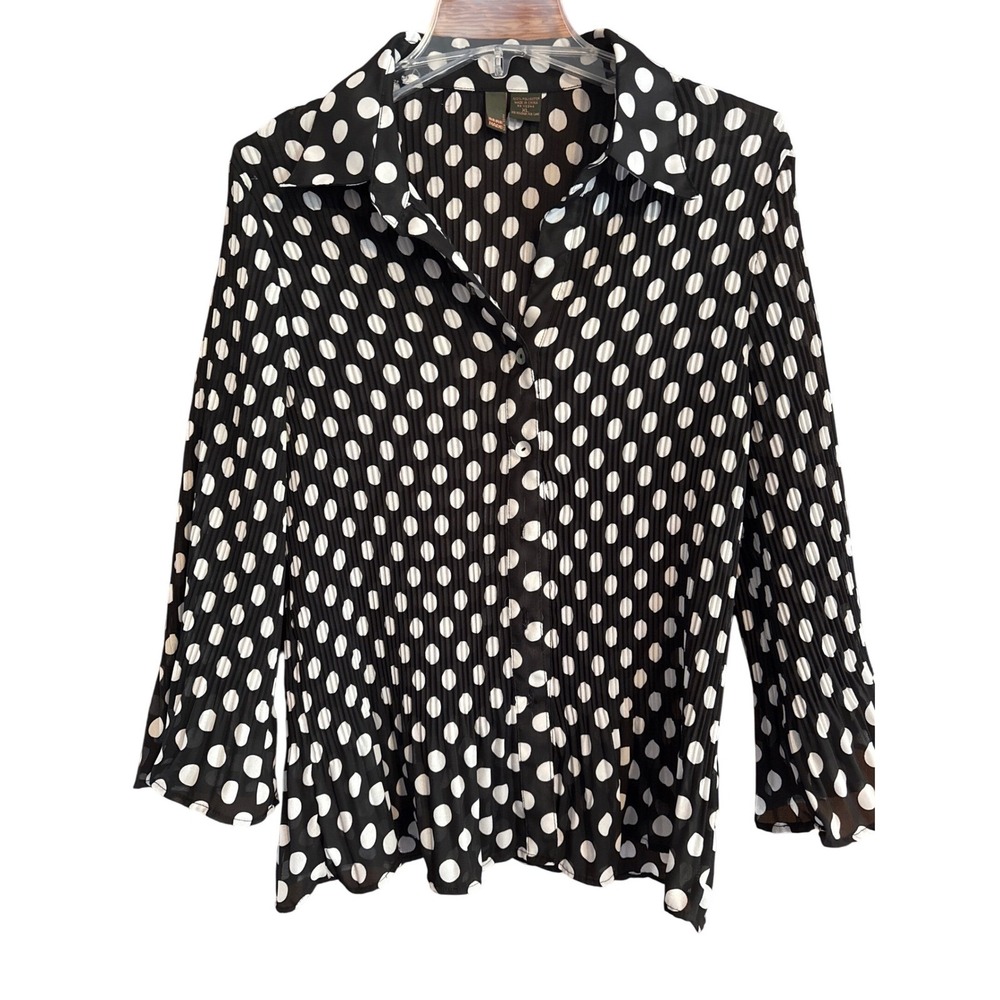 Serenade‎ New York Women's XL Black White Polka Dot Pleated Long Sleeve Blouse